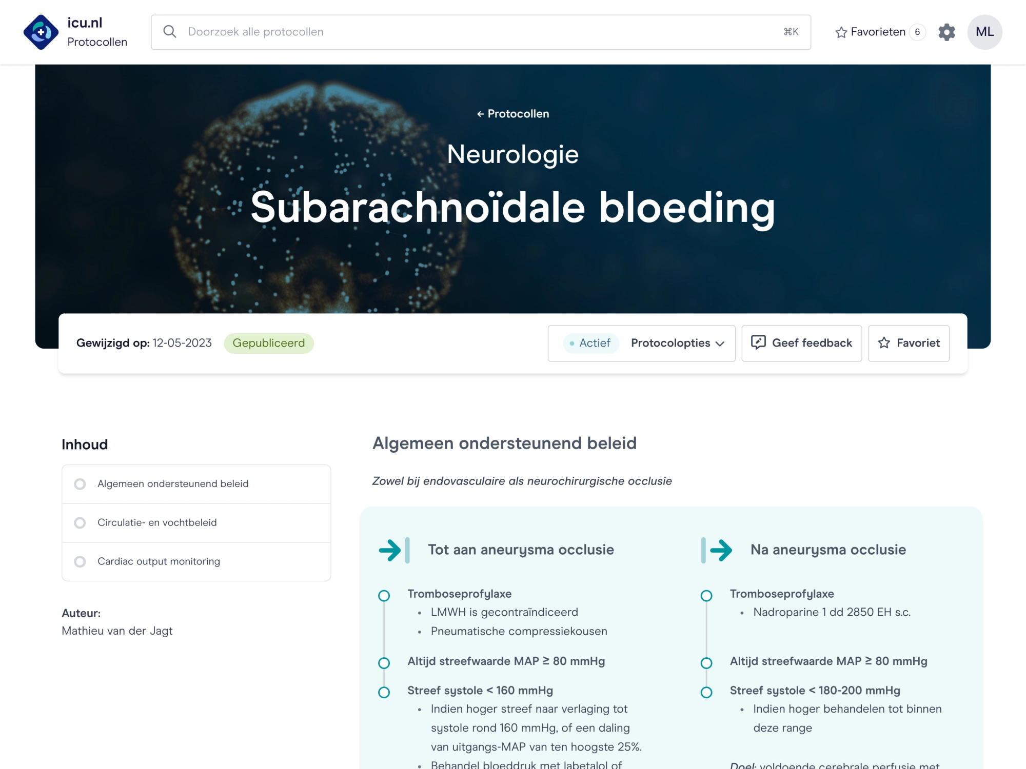 IC protocol subarachoïdale bloeding intensive care